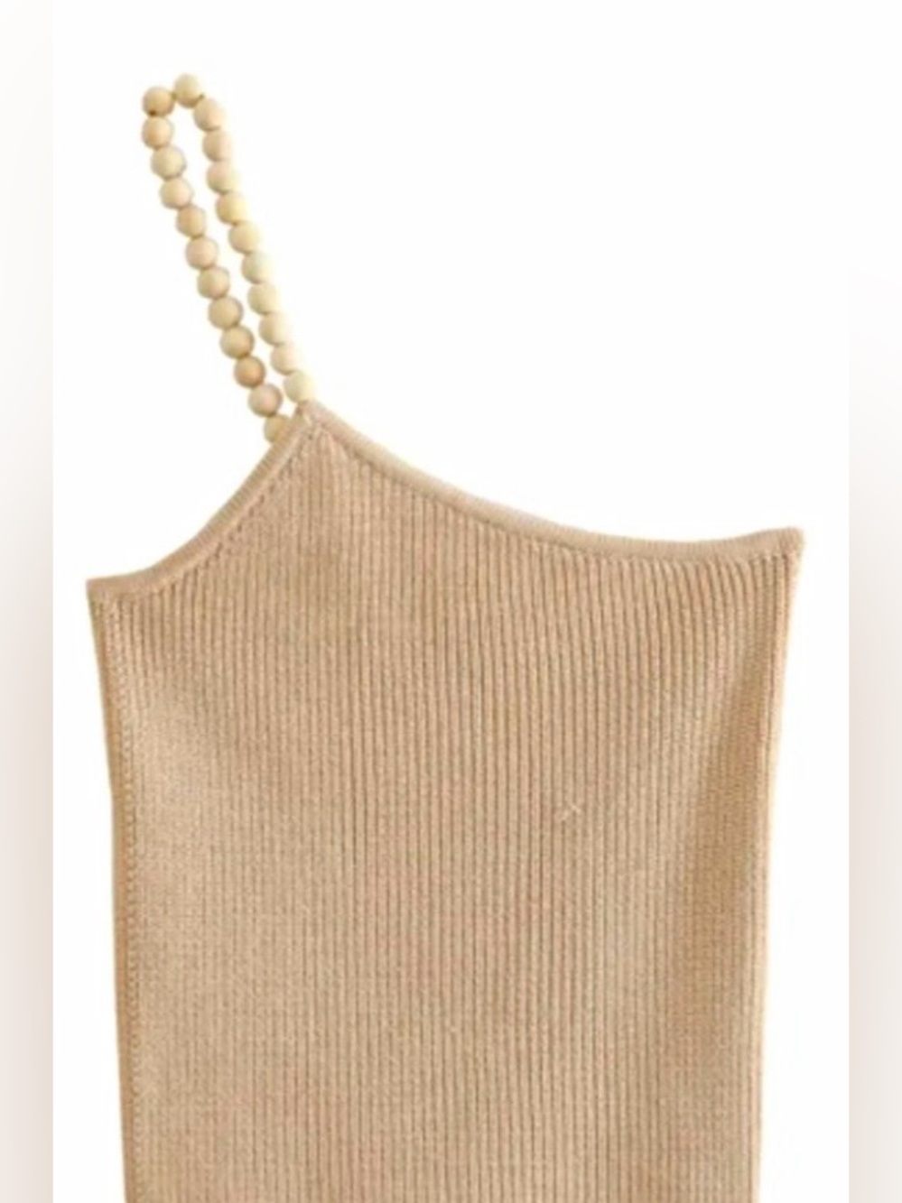 ZARA Beaded Strap Ribbed One-Shoulder Tank Top — Beige